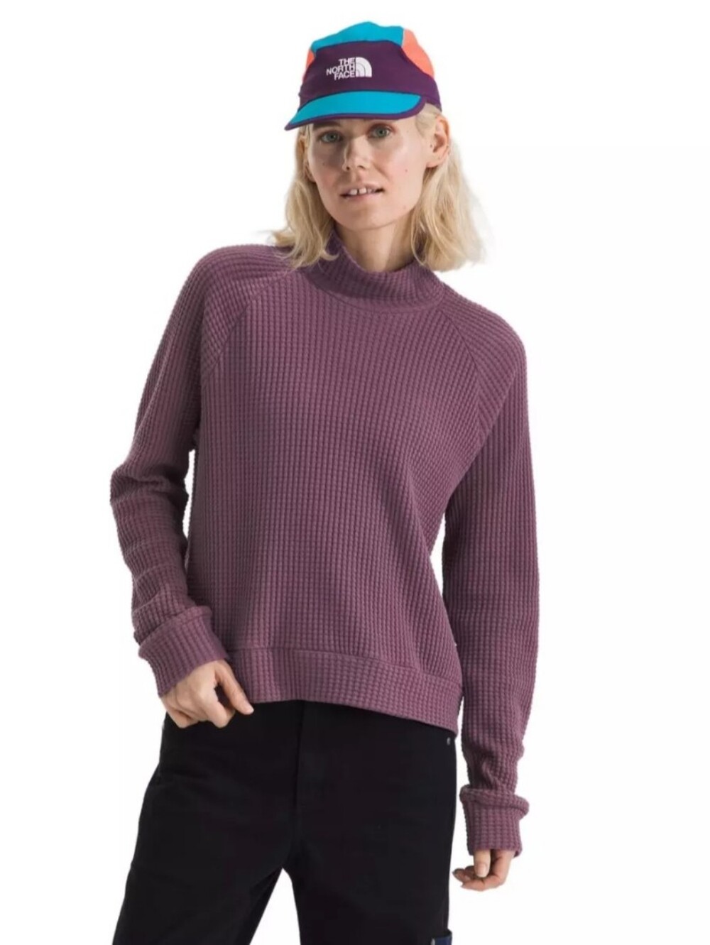The North Face Waffle Knit Mock Neck Pullover Mauve Medium 100% Cotton Sweater